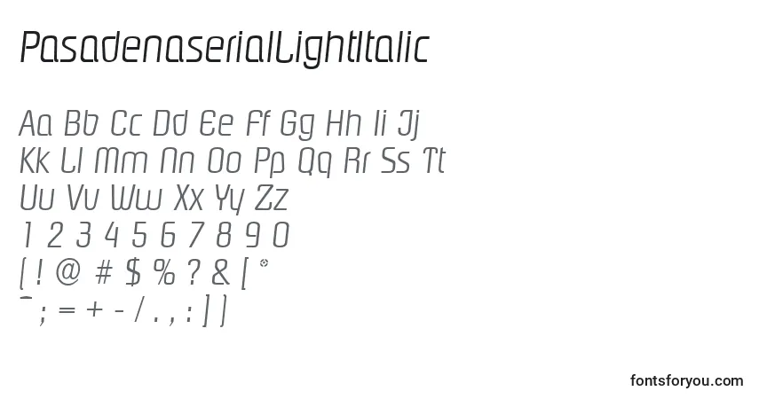 A fonte PasadenaserialLightItalic – alfabeto, números, caracteres especiais