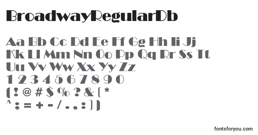 A fonte BroadwayRegularDb – alfabeto, números, caracteres especiais