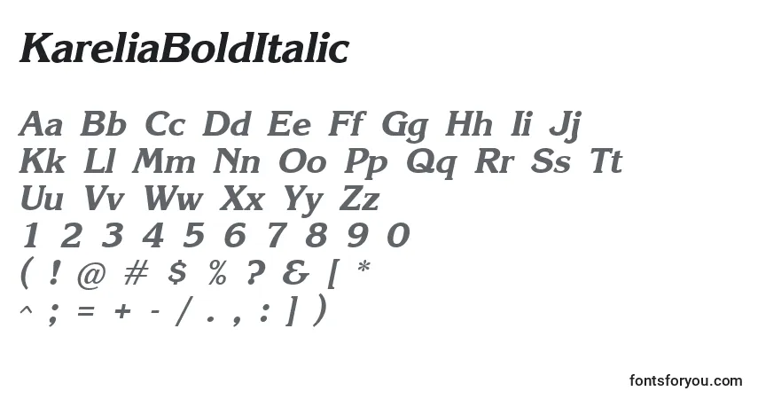 KareliaBoldItalicフォント–アルファベット、数字、特殊文字