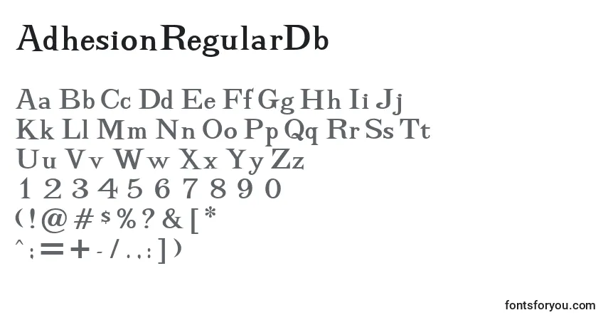 Czcionka AdhesionRegularDb – alfabet, cyfry, specjalne znaki