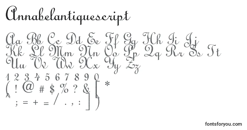 Czcionka Annabelantiquescript – alfabet, cyfry, specjalne znaki
