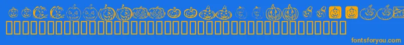 KrPickAPumpkin-Schriftart – Orangefarbene Schriften auf blauem Hintergrund