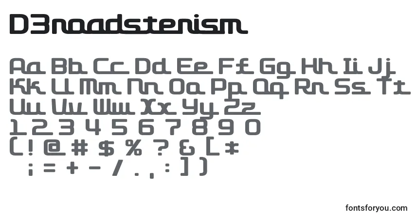 Czcionka D3roadsterism – alfabet, cyfry, specjalne znaki