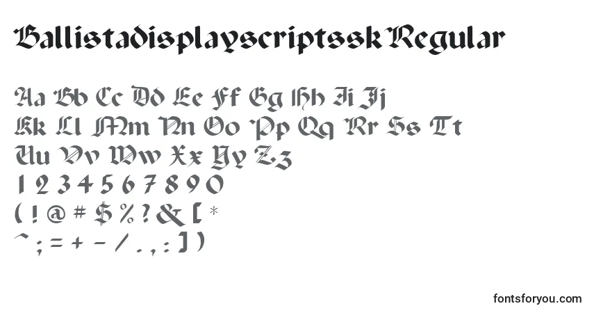 Czcionka BallistadisplayscriptsskRegular – alfabet, cyfry, specjalne znaki