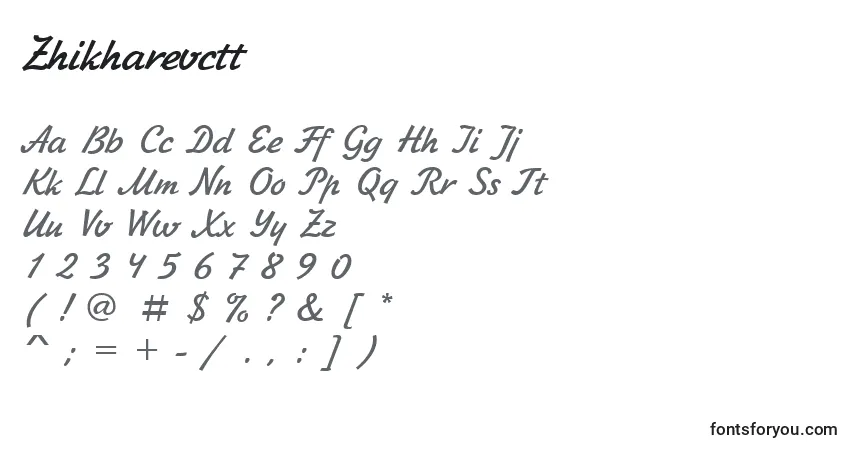 A fonte Zhikharevctt – alfabeto, números, caracteres especiais
