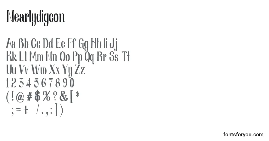 Czcionka Nearlydigcon – alfabet, cyfry, specjalne znaki
