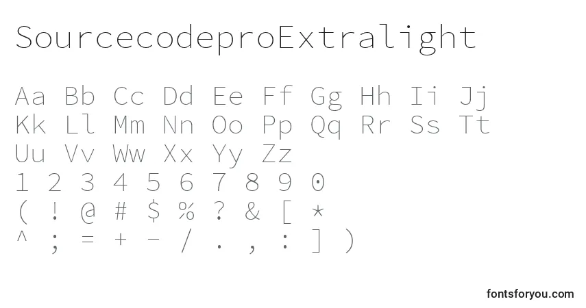 A fonte SourcecodeproExtralight – alfabeto, números, caracteres especiais