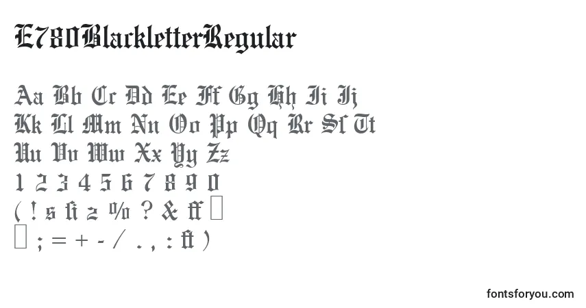 A fonte E780BlackletterRegular – alfabeto, números, caracteres especiais
