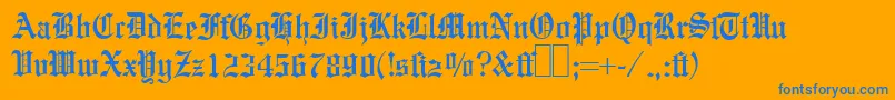 E780BlackletterRegular-Schriftart – Blaue Schriften auf orangefarbenem Hintergrund