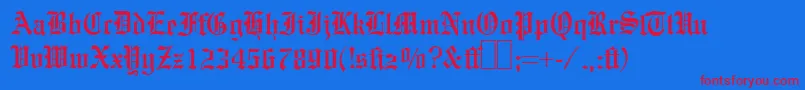 E780BlackletterRegular-Schriftart – Rote Schriften auf blauem Hintergrund