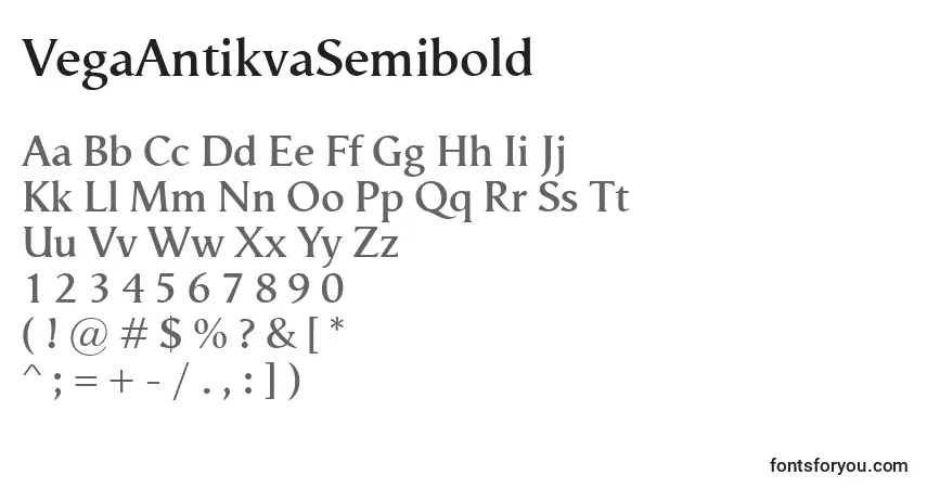 A fonte VegaAntikvaSemibold – alfabeto, números, caracteres especiais