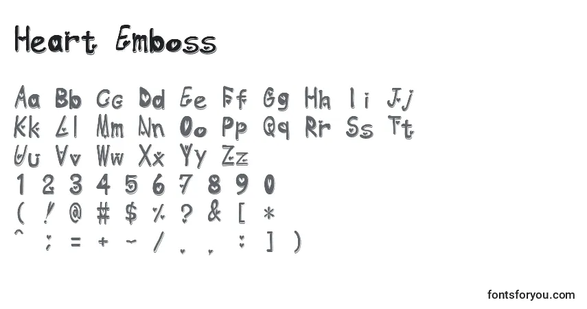 Schriftart Heart Emboss – Alphabet, Zahlen, spezielle Symbole