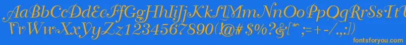 フォントGeTravelscript – オレンジ色の文字が青い背景にあります。
