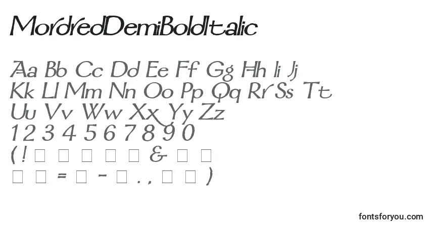 Schriftart MordredDemiBoldItalic – Alphabet, Zahlen, spezielle Symbole