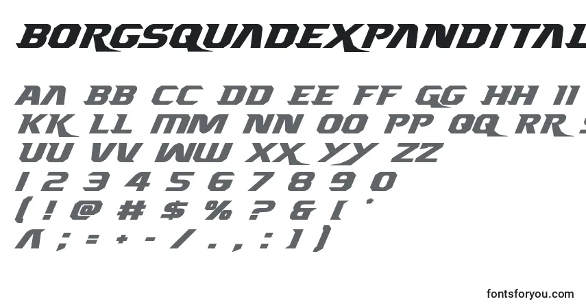 Schriftart Borgsquadexpandital – Alphabet, Zahlen, spezielle Symbole