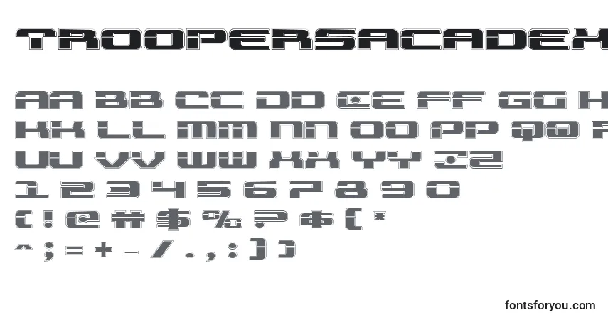 Czcionka Troopersacadexpand – alfabet, cyfry, specjalne znaki