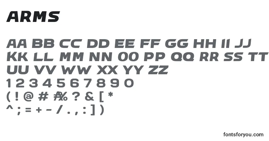 Czcionka Arms – alfabet, cyfry, specjalne znaki