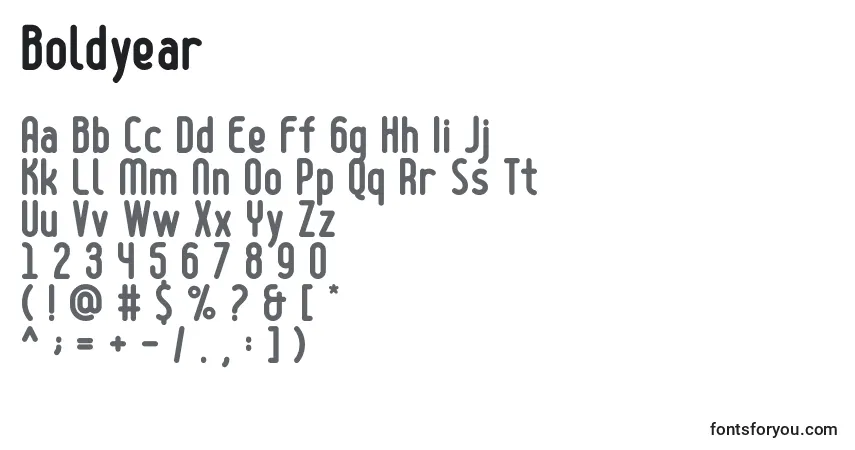 A fonte Boldyear (63545) – alfabeto, números, caracteres especiais