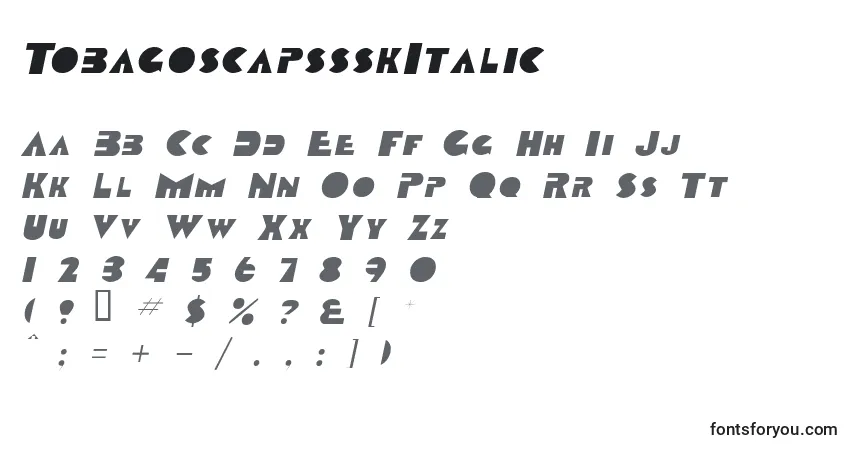 A fonte TobagoscapssskItalic – alfabeto, números, caracteres especiais