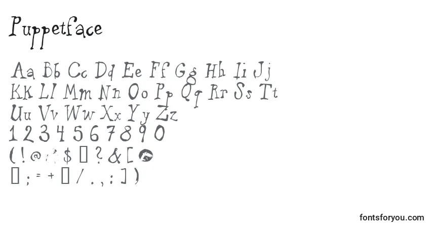 Czcionka Puppetface – alfabet, cyfry, specjalne znaki
