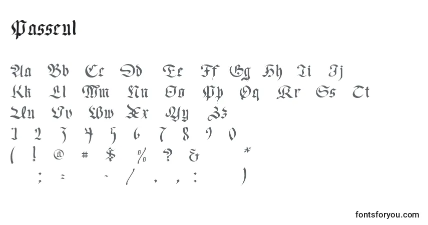Schriftart Passeul – Alphabet, Zahlen, spezielle Symbole