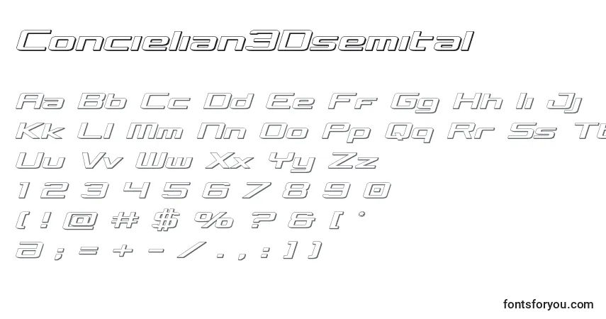 Czcionka Concielian3Dsemital – alfabet, cyfry, specjalne znaki