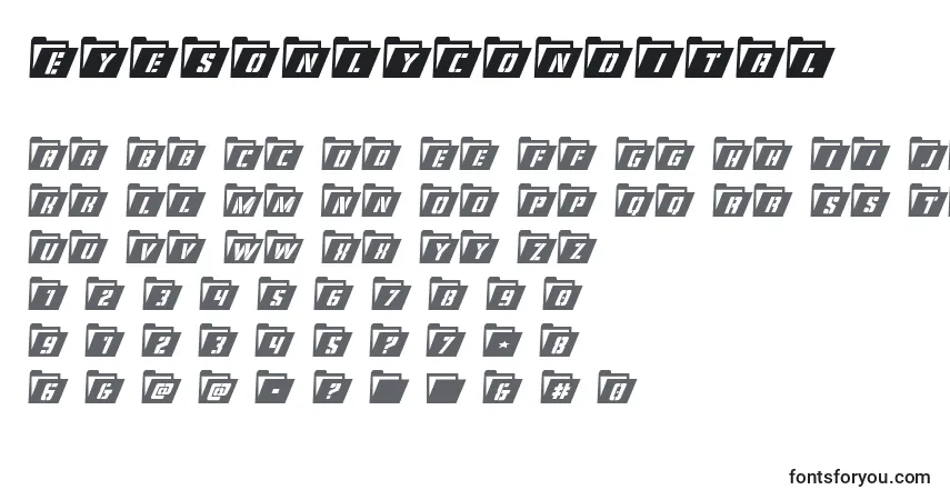 Czcionka Eyesonlycondital – alfabet, cyfry, specjalne znaki