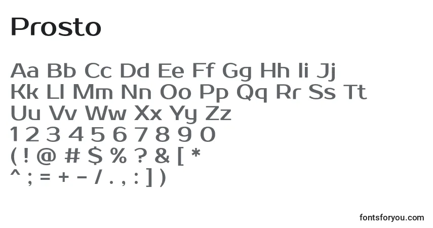 A fonte Prosto – alfabeto, números, caracteres especiais