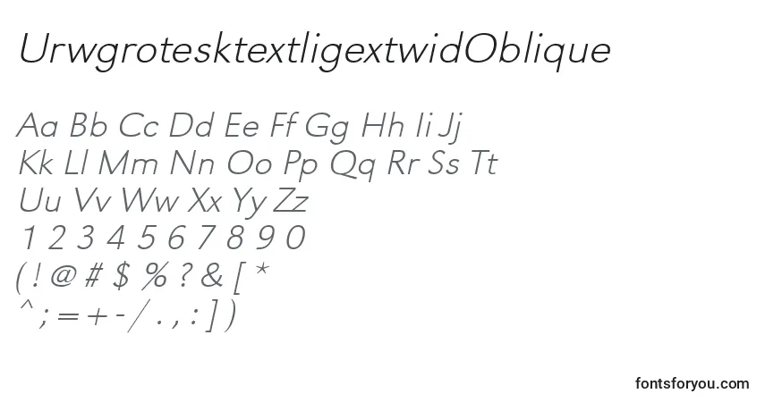 Czcionka UrwgrotesktextligextwidOblique – alfabet, cyfry, specjalne znaki