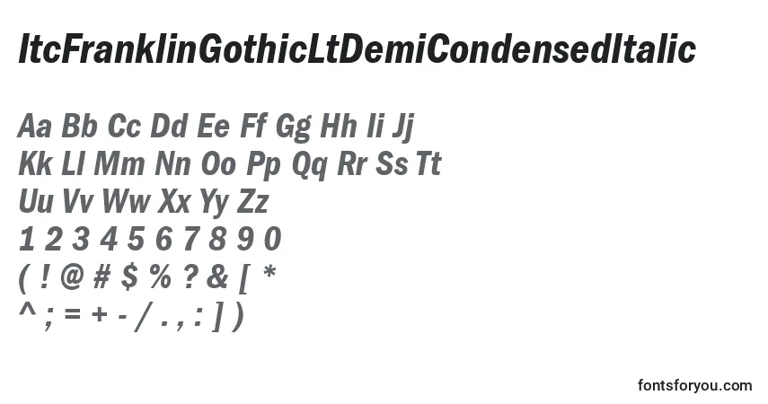 A fonte ItcFranklinGothicLtDemiCondensedItalic – alfabeto, números, caracteres especiais