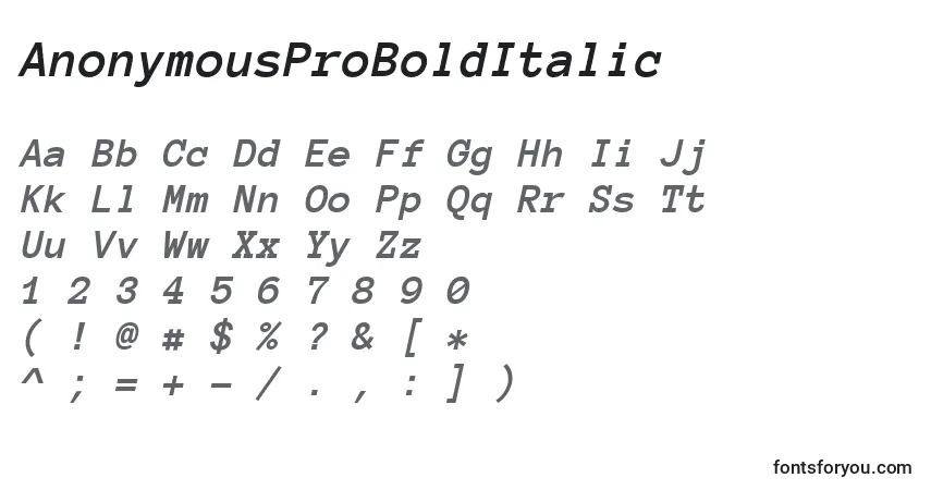 Schriftart AnonymousProBoldItalic – Alphabet, Zahlen, spezielle Symbole