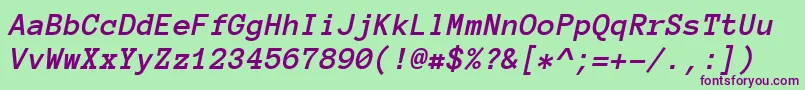 Fonte AnonymousProBoldItalic – fontes roxas em um fundo verde