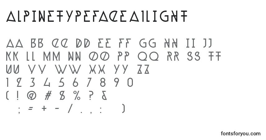 Czcionka AlpineTypefaceA1Light – alfabet, cyfry, specjalne znaki