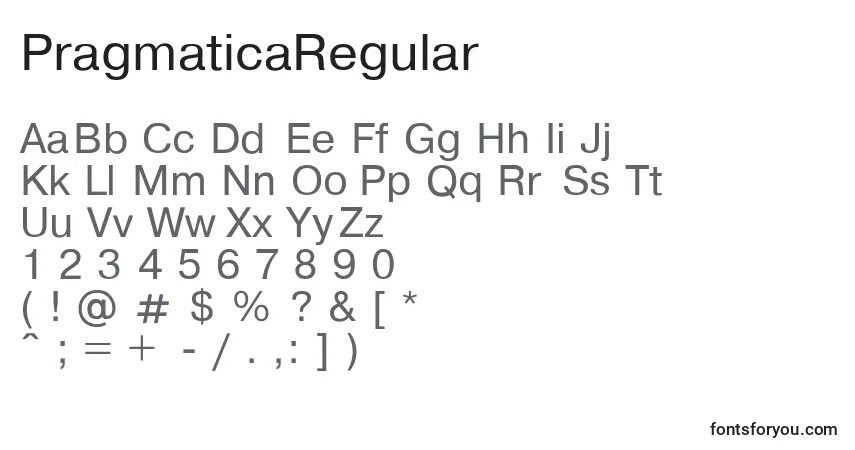 Schriftart PragmaticaRegular – Alphabet, Zahlen, spezielle Symbole