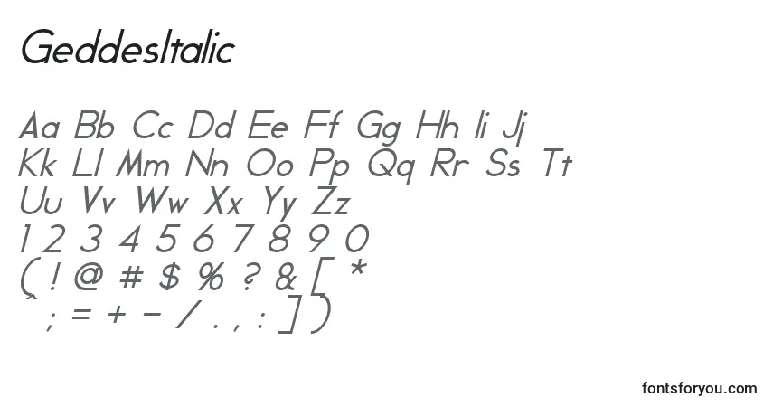 A fonte GeddesItalic – alfabeto, números, caracteres especiais