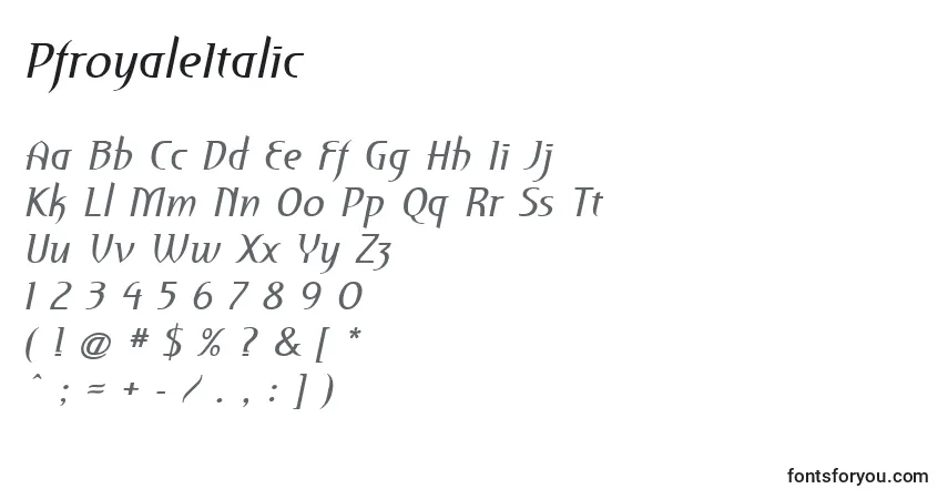 Fuente PfroyaleItalic - alfabeto, números, caracteres especiales