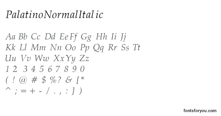 PalatinoNormalItalic-fontti – aakkoset, numerot, erikoismerkit