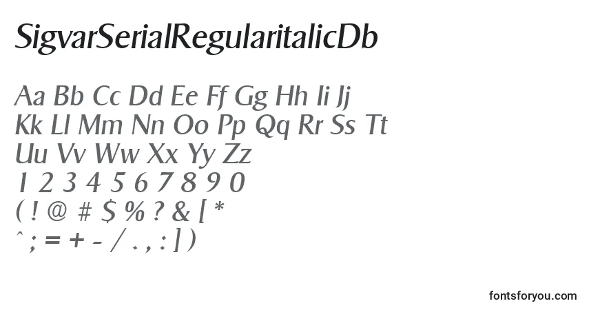 Czcionka SigvarSerialRegularitalicDb – alfabet, cyfry, specjalne znaki