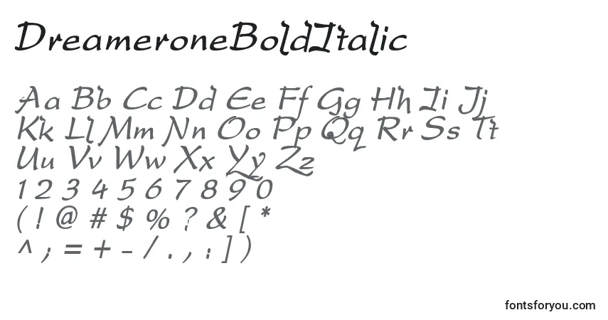 Schriftart DreameroneBoldItalic – Alphabet, Zahlen, spezielle Symbole