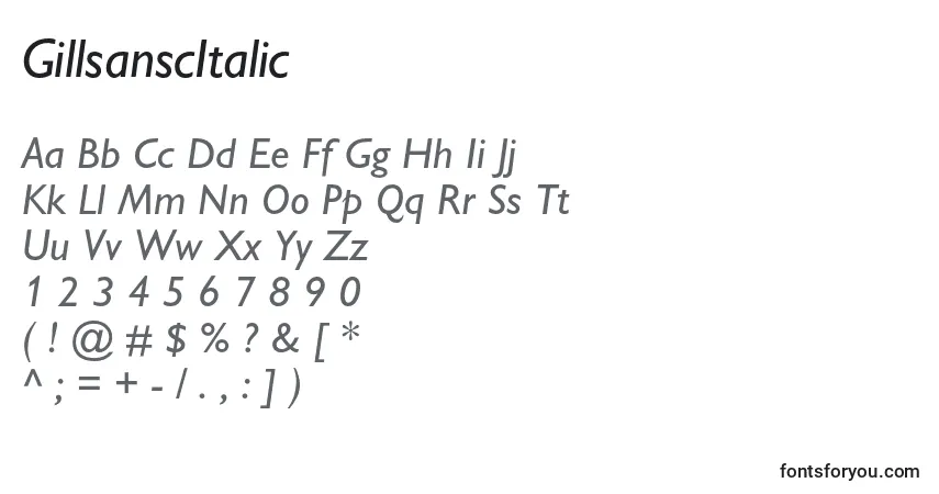 Шрифт GillsanscItalic – алфавит, цифры, специальные символы