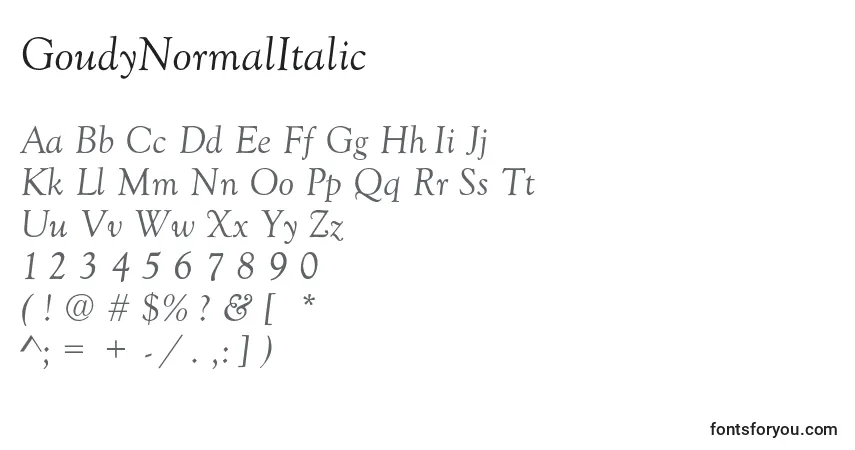 GoudyNormalItalic-fontti – aakkoset, numerot, erikoismerkit