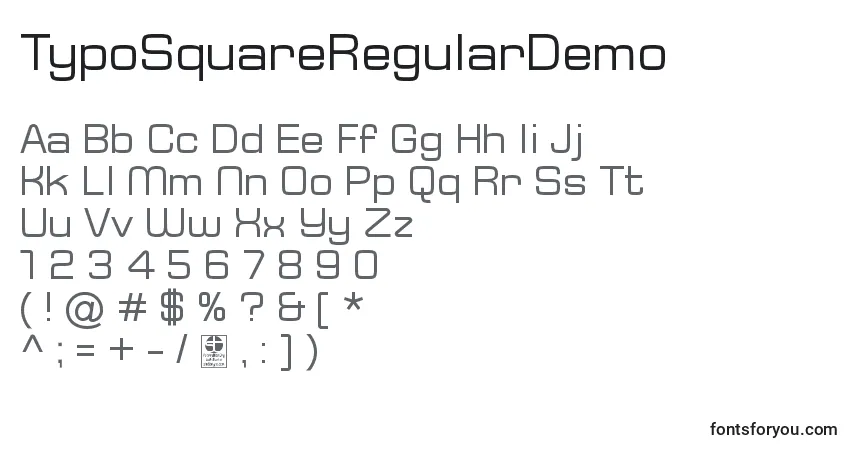 Schriftart TypoSquareRegularDemo – Alphabet, Zahlen, spezielle Symbole