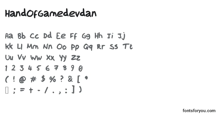 A fonte HandOfGamedevdan – alfabeto, números, caracteres especiais