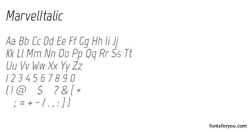 Schriftart MarvelItalic – Alphabet, Zahlen, spezielle Symbole
