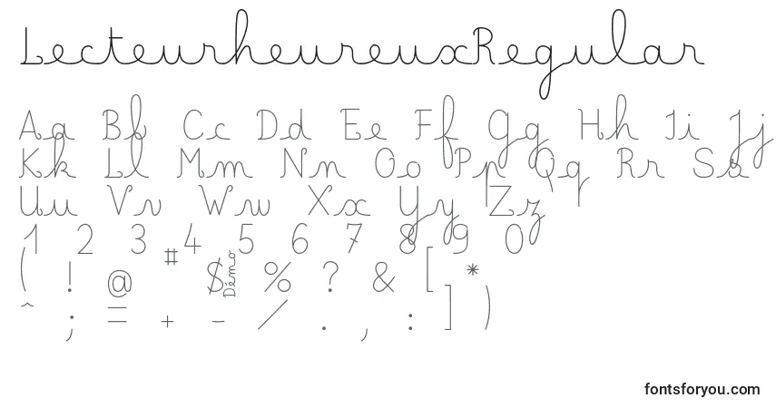 Czcionka LecteurheureuxRegular – alfabet, cyfry, specjalne znaki