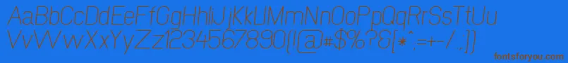 フォントNewmediaRegularItalic – 茶色の文字が青い背景にあります。