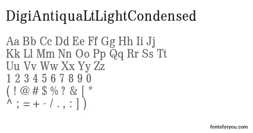 Czcionka DigiAntiquaLtLightCondensed – alfabet, cyfry, specjalne znaki