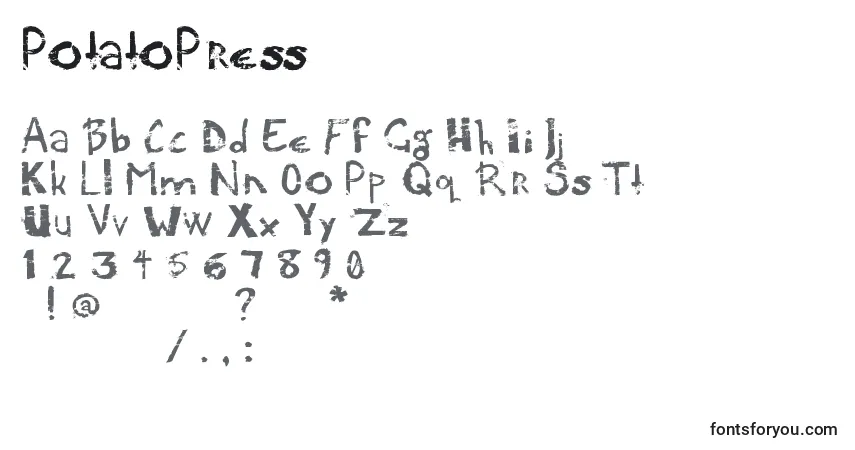 A fonte PotatoPress – alfabeto, números, caracteres especiais