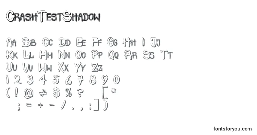 Czcionka CrashTestShadow – alfabet, cyfry, specjalne znaki