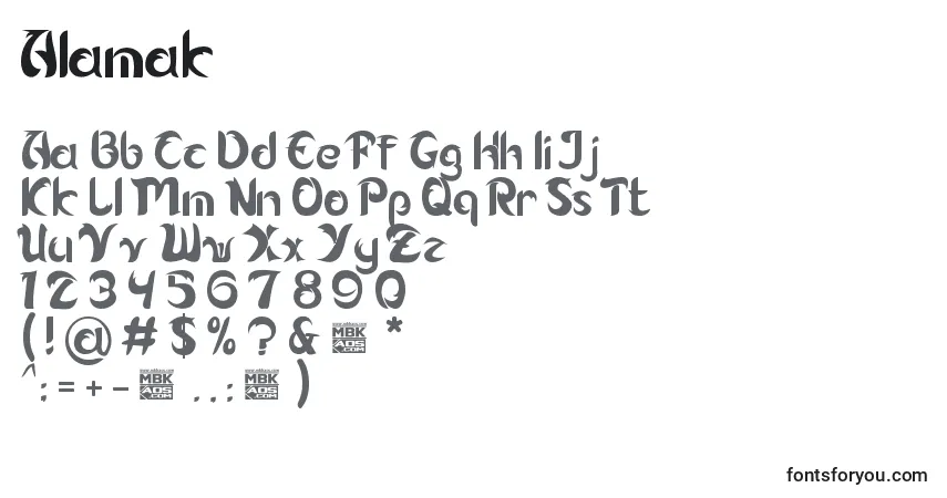 Czcionka Alamak – alfabet, cyfry, specjalne znaki